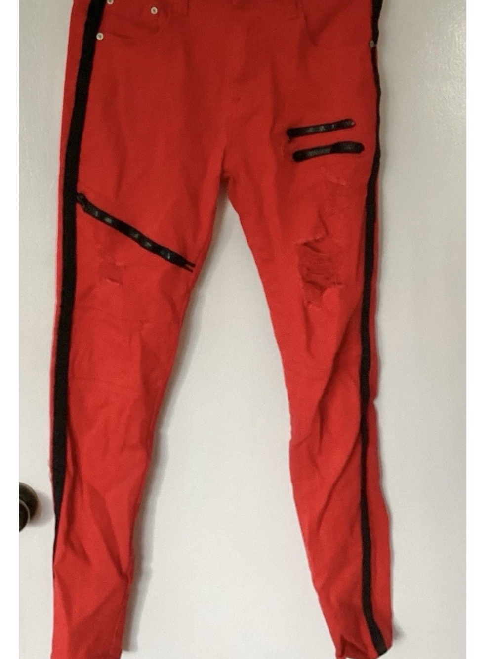 Men's Skinny Red Jeans with Black Side Stripe Zippers